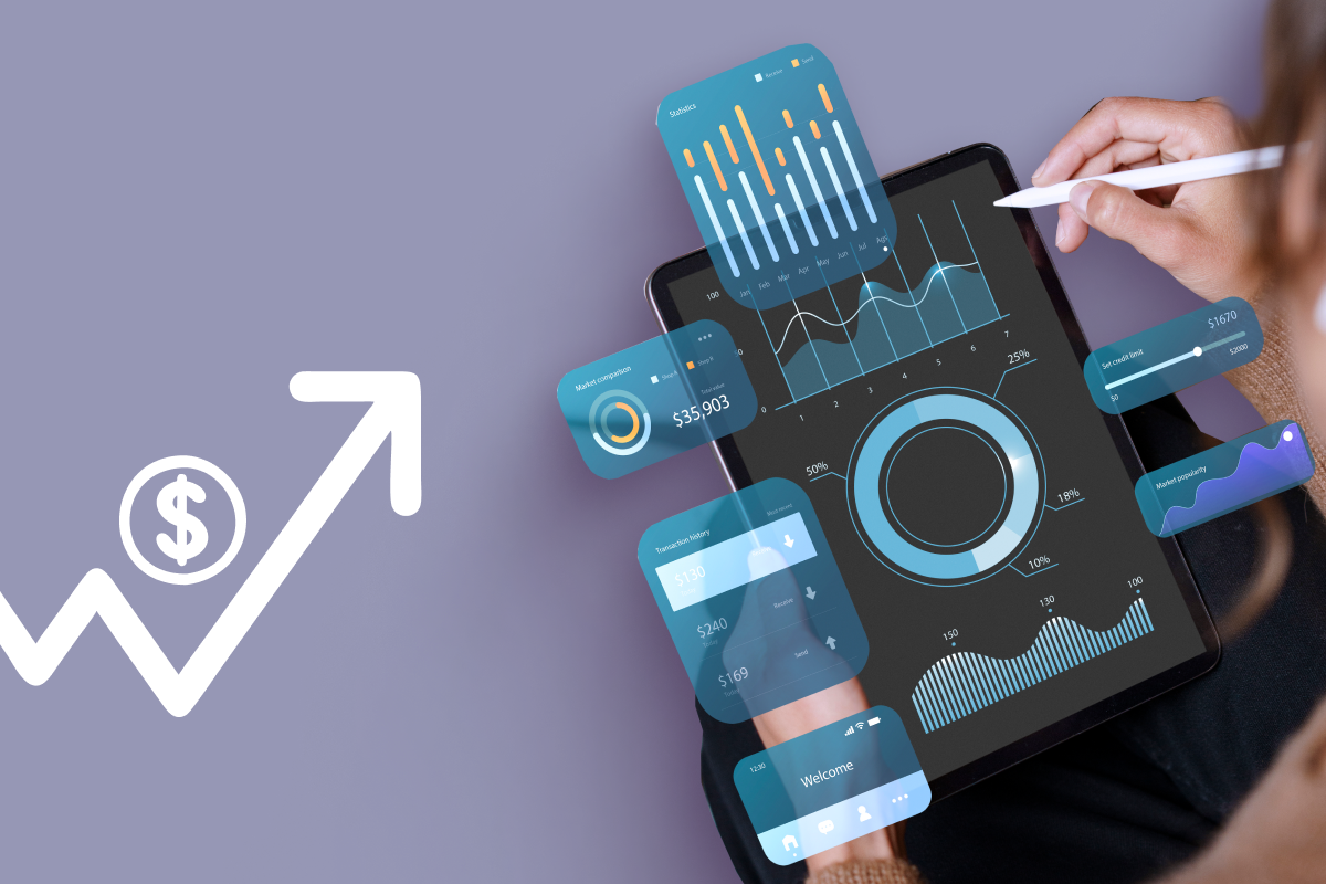 AI system analyzing financial data and market trends on multiple screens