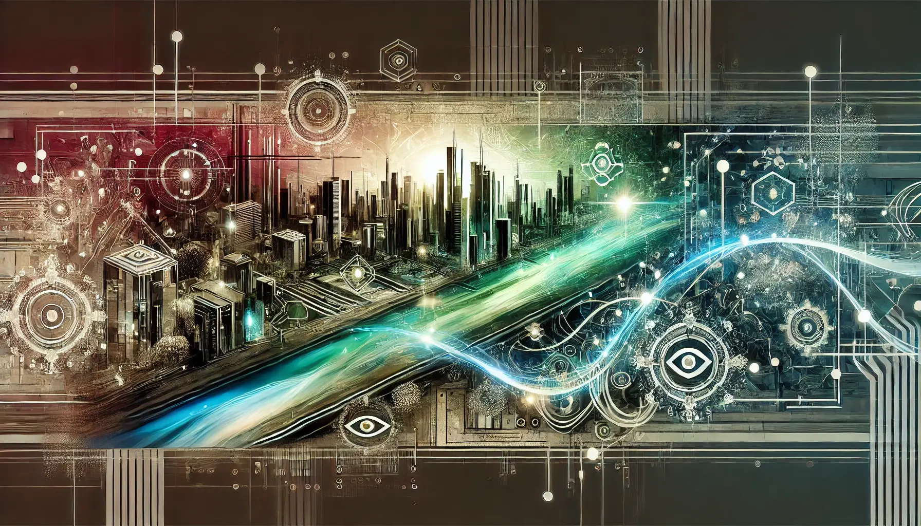 Futuristic scene showing integration of all four technologies in daily life